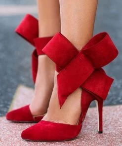 Trendy & Unique Vintage Pointed Toe Ankle Strap Suede Stiletto Butterfly Heels - Red What's New