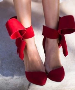 Trendy & Unique Vintage Pointed Toe Ankle Strap Suede Stiletto Butterfly Heels - Red What's New