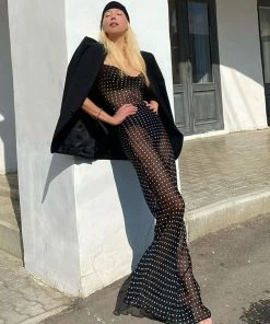 Trendy & Unique Vintage Polka Dot Cowl Neck Floss Strap Sheer Maxi Dress - Black What's New