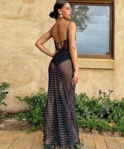 Trendy & Unique Vintage Polka Dot Cowl Neck Floss Strap Sheer Maxi Dress - Black What's New