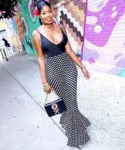 Trendy & Unique Vintage Polka Dot High Waist Tiered Ruffle Skinny Flare Pants - Black