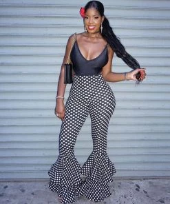 Trendy & Unique Vintage Polka Dot High Waist Tiered Ruffle Skinny Flare Pants - Black