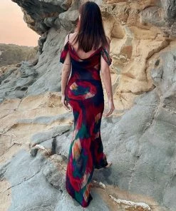 Trendy & Unique Vintage Print Cowl Neck Cold Shoulder Vacation Maxi Dress - Red What's New