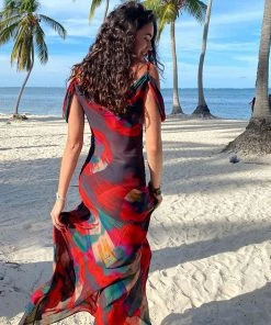 Trendy & Unique Vintage Print Cowl Neck Cold Shoulder Vacation Maxi Dress - Red What's New