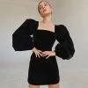 Trendy & Unique Vintage Puff Sleeve Square Neck Velvet Party Mini Dress - Black What's New