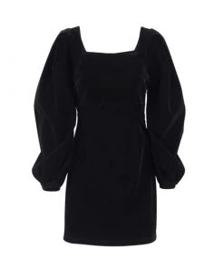 Trendy & Unique Vintage Puff Sleeve Square Neck Velvet Party Mini Dress - Black What's New