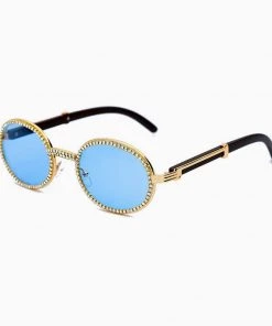 Trendy & Unique Accessories Vintage Rhinestone Trimmed Frame Oval Shape Sunglasses - Blue