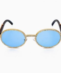 Trendy & Unique Accessories Vintage Rhinestone Trimmed Frame Oval Shape Sunglasses - Blue