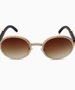 Trendy & Unique Vintage Rhinestone Trimmed Frame Oval Shape Sunglasses - Brown