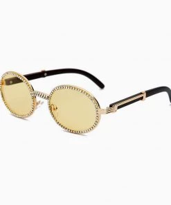 Trendy & Unique Vintage Rhinestone Trimmed Frame Oval Shape Sunglasses - Yellow Accessories
