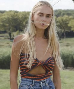 Trendy & Unique What's New Vintage Striped Strapless Twist Front Cut Out Crop Knit Top - Orange