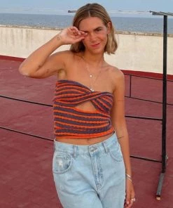 Trendy & Unique What's New Vintage Striped Strapless Twist Front Cut Out Crop Knit Top - Orange