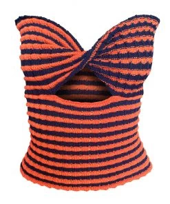 Trendy & Unique What's New Vintage Striped Strapless Twist Front Cut Out Crop Knit Top - Orange