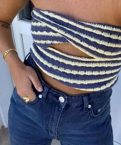 Trendy & Unique Vintage Striped Strapless Twist Front Cut Out Crop Knit Top - Blue