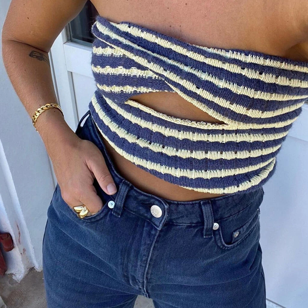 Trendy & Unique Vintage Striped Strapless Twist Front Cut Out Crop Knit Top - Blue 4 Trendy & Unique Vintage Striped Strapless Twist Front Cut Out Crop Knit Top - Blue
