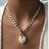 Trendy & Unique Vintage Style Chunky Chain Pearlized Puffy Heart Charm Necklace - Gold Jewelry