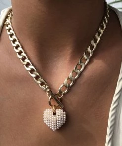 Trendy & Unique Vintage Style Chunky Chain Pearlized Puffy Heart Charm Necklace - Gold Jewelry