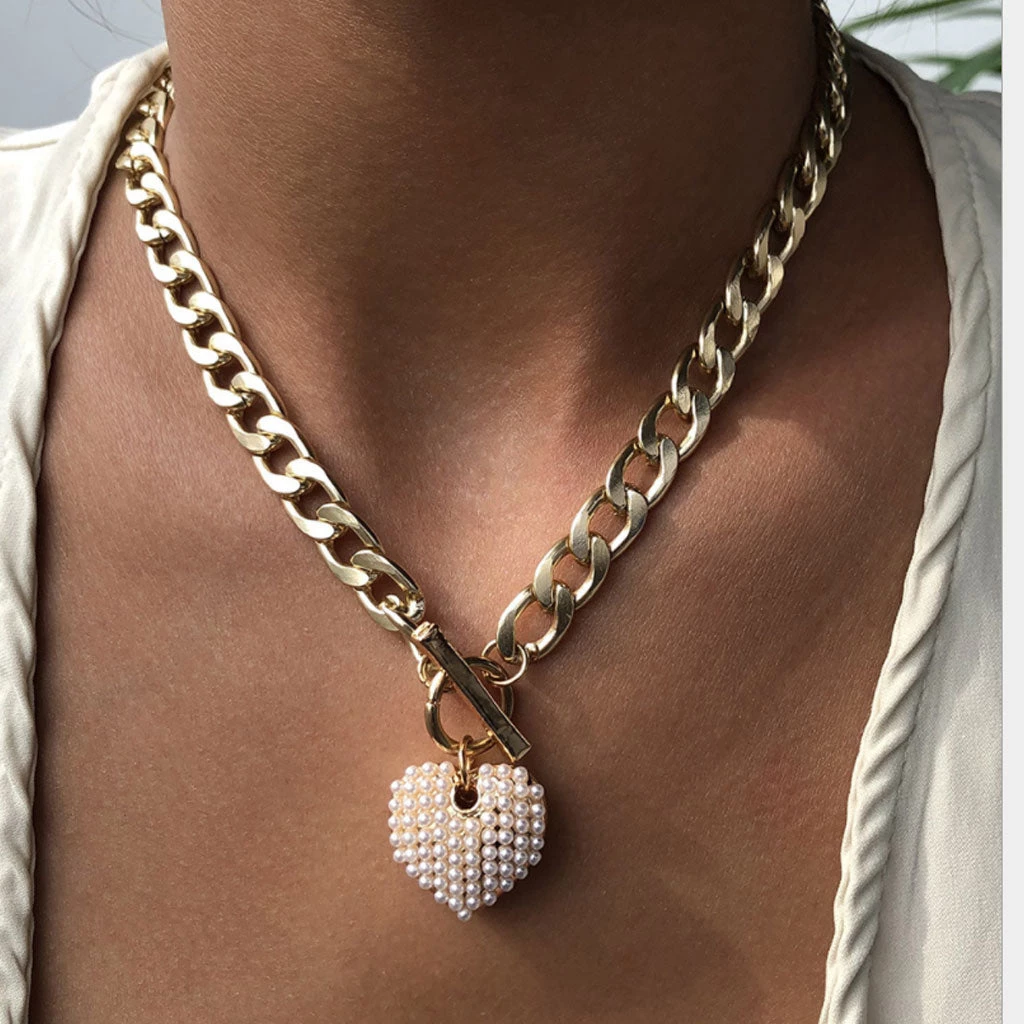 Trendy & Unique Vintage Style Chunky Chain Pearlized Puffy Heart Charm Necklace - Gold Jewelry 3 Trendy & Unique Vintage Style Chunky Chain Pearlized Puffy Heart Charm Necklace - Gold Jewelry