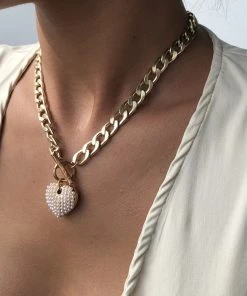Trendy & Unique Vintage Style Chunky Chain Pearlized Puffy Heart Charm Necklace - Gold Jewelry