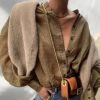 Trendy & Unique Vintage Style Crew Collar Bishop Sleeve Button Up Blouse - Camel What's New