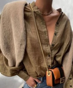 Trendy & Unique Vintage Style Crew Collar Bishop Sleeve Button Up Blouse - Camel What's New