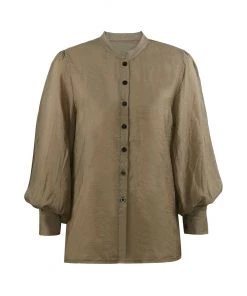 Trendy & Unique Vintage Style Crew Collar Bishop Sleeve Button Up Blouse - Camel What's New