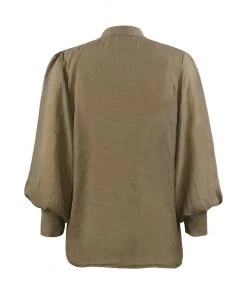 Trendy & Unique Vintage Style Crew Collar Bishop Sleeve Button Up Blouse - Camel What's New
