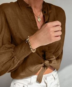 Trendy & Unique What's New Vintage Style Crew Collar Bishop Sleeve Button Up Blouse - Coffee