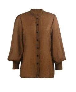Trendy & Unique What's New Vintage Style Crew Collar Bishop Sleeve Button Up Blouse - Coffee