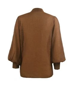 Trendy & Unique What's New Vintage Style Crew Collar Bishop Sleeve Button Up Blouse - Coffee
