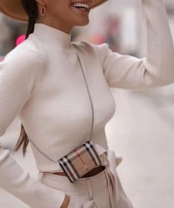 Trendy & Unique What's New Unique Tie Back High Neck Long Sleeve Backless Sweater - White
