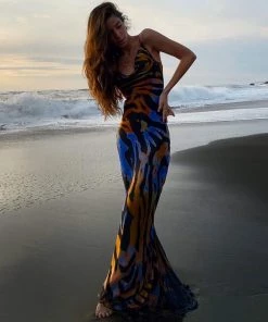 Trendy & Unique Vintage Style Striped Printed Cowl Neck Slip Maxi Dress - Black