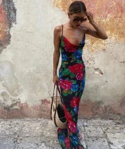 Trendy & Unique Vintage Style Floral Printed Cowl Neck Slip Maxi Dress - Black What's New