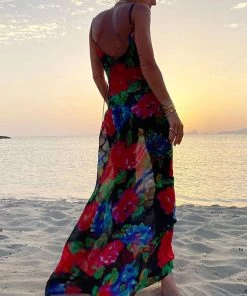 Trendy & Unique Vintage Style Floral Printed Cowl Neck Slip Maxi Dress - Black What's New