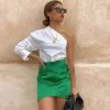 Trendy & Unique Vintage Style High Waist Curvy Satin Bodycon Mini Skirt - Emerald Green 1 Trendy & Unique Vintage Style High Waist Curvy Satin Bodycon Mini Skirt - Emerald Green