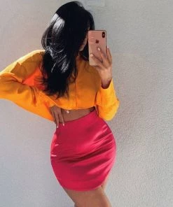 Trendy & Unique What's New Vintage Style High Waist Curvy Satin Bodycon Mini Skirt - Rose
