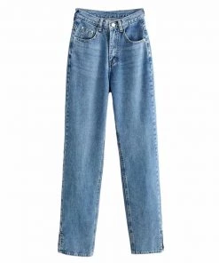 Trendy & Unique Vintage Style High Waist Side Slit Straight Leg Jeans - Dark Blue