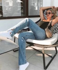 Trendy & Unique Vintage Style High Waist Side Slit Straight Leg Jeans - Dark Blue