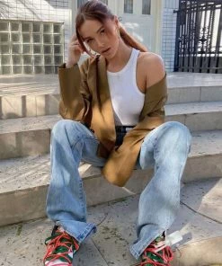 Trendy & Unique What's New Vintage Style High Waist Side Slit Straight Leg Jeans - Light Blue