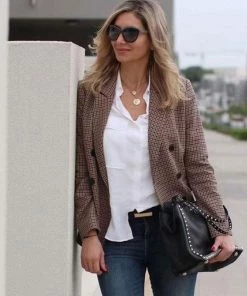 Trendy & Unique What's New Vintage Style Hoodstooth Printed Double Breasted Blazer - Dark Khaki