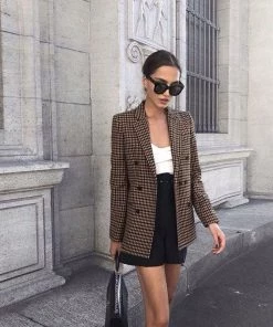 Trendy & Unique What's New Vintage Style Hoodstooth Printed Double Breasted Blazer - Dark Khaki