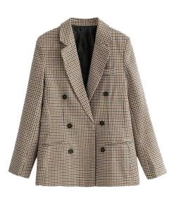 Trendy & Unique What's New Vintage Style Hoodstooth Printed Double Breasted Blazer - Dark Khaki