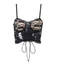 Trendy & Unique Vintage Style Lace-Up Bustier Scalloped Edge Lace Crop Top - Black