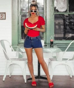 Trendy & Unique Vintage Style Low Waist Frayed Denim Shorts - Dark Blue What's New