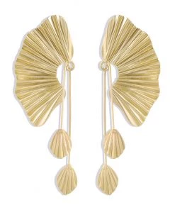 Trendy & Unique Jewelry Vintage Style Metal Plated Rigid Fan Drop Earrings - Gold