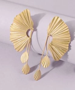 Trendy & Unique Jewelry Vintage Style Metal Plated Rigid Fan Drop Earrings - Gold