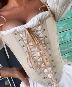 Trendy & Unique Vintage Style Scalloped Edge Lace Up Boned Crop Corset Top - Apricot 9 Trendy & Unique Vintage Style Scalloped Edge Lace Up Boned Crop Corset Top - Apricot