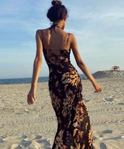 Trendy & Unique Vintage Style Firework Printed Cowl Neck Slip Maxi Dress - Black What's New