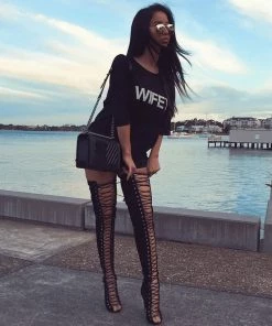 Trendy & Unique What's New Vintage Suede Lace Up Cut Out Stiletto Heel Thigh High Boots - Black