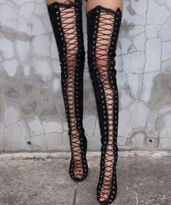 Trendy & Unique What's New Vintage Suede Lace Up Cut Out Stiletto Heel Thigh High Boots - Black